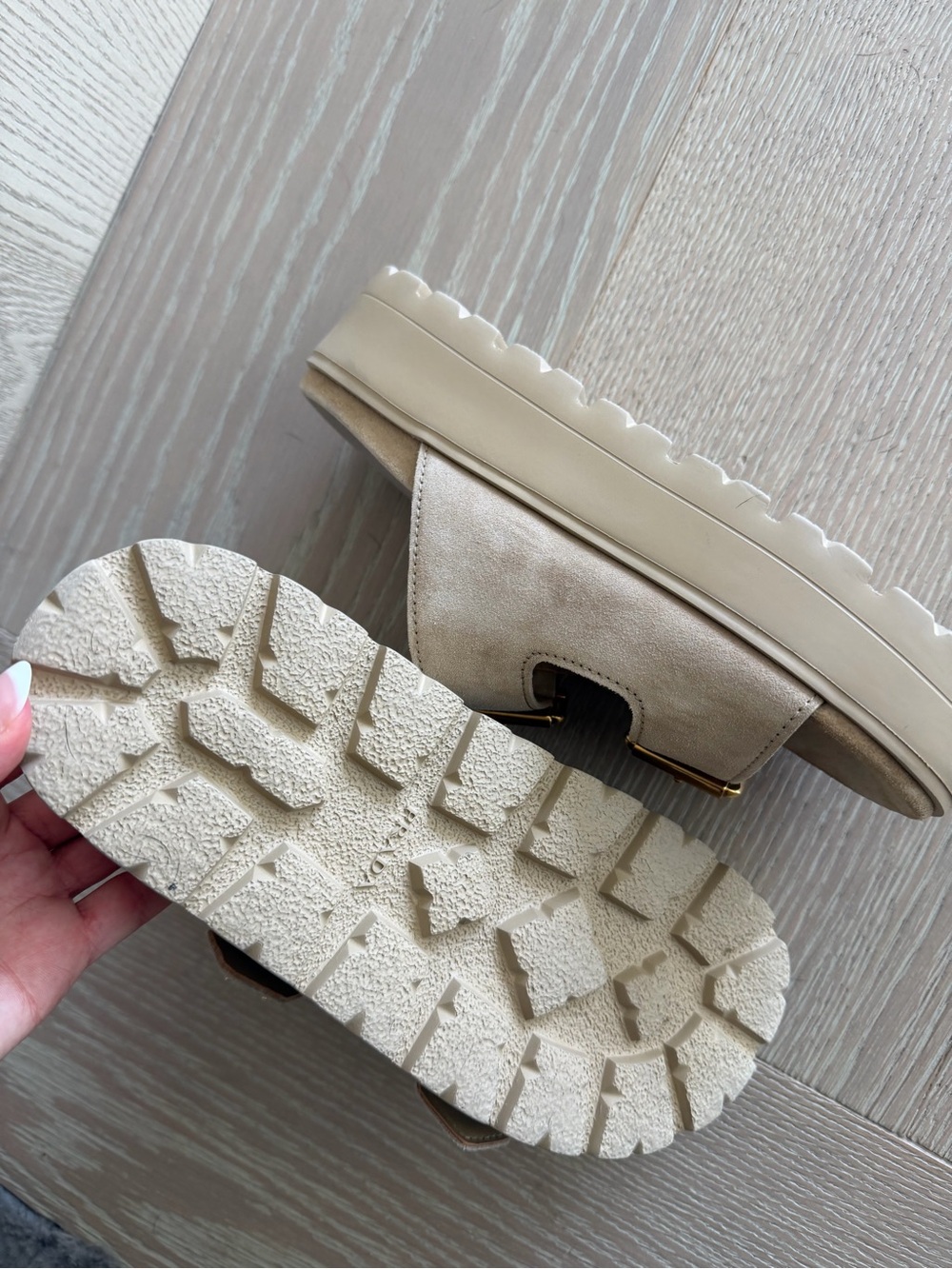 Prada Beige Suede Double-Buckle Slide Sandals with Gold Hardware - Picture 2 of 3